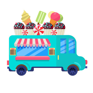 Street Food Truck concept isolated on a white background. Fast food delivery.  Flat design vector. Cartoon fast food car with big cupcakes, candy and ice cream on the roof. Street burger.