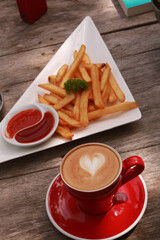 coffe latte cup on a wood table.