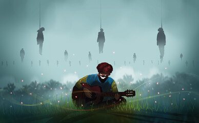 Digital illustration painting design style a devil playing classic guitar and sitting on the meadow, among firefly and hanging corpse, nightmare concept.