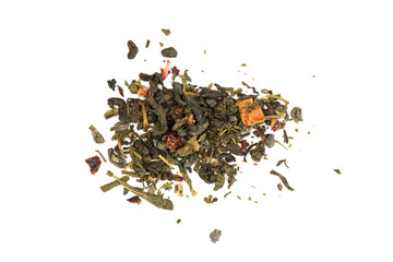  Leaves of Chinese Dry Tea Top Grade with Goji Berries and Powdered Acai on White Background