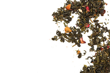  Leaves of Chinese Dry Tea Top Grade with Goji Berries and Powdered Acai on White Background