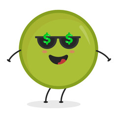Cute flat cartoon green peas illustration. Vector illustration of cute peas with a smiling expression. 