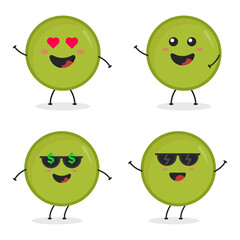 Cute flat cartoon green peas illustration. Vector illustration of cute peas with a smiling expression. 