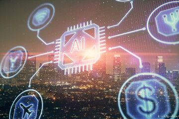 Data theme hologram drawing on city view with skyscrapers background double exposure. Ai concept.