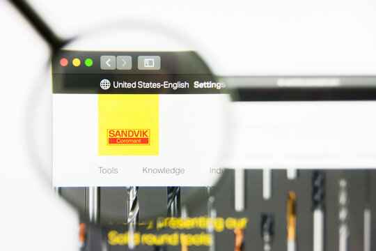 Los Angeles, California, USA - 25 March 2019: Illustrative Editorial of Sandvik website homepage. Sandvik logo visible on display screen.