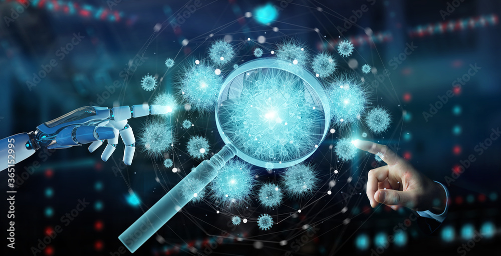 Aufkleber Robot analyzing holographic cell projection through magnifying glass 3D rendering