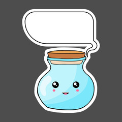 Kawaii sticker colorful cartoon jar with thought bubble. Vector illustration isolated on dark background.