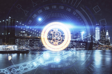 Multi exposure of cryptocurrency theme hologram drawing and city veiw background. Concept of...