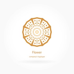 Luxury logotype in the shape of a flower for antique boutique. Gold logo, flower. Simple geometric sign. Icons, business, invitations. Volumetric golden big bud. Vintage. Retro.