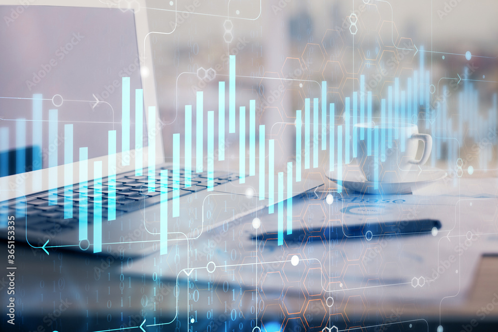 Poster forex graph hologram on table with computer background. double exposure. concept of financial market