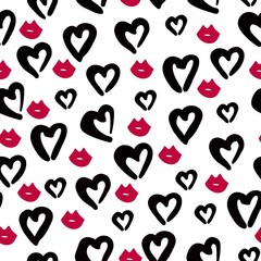 Seamless pattern of black hearts and red lips. Scarlet lips. Heart pattern. Ink illustration. Hand-drawn doodle seamless pattern with hearts and red lips. Seamless background with hearts.