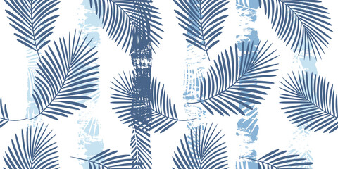 Tropical pattern, palm leaves seamless vector floral background. Exotic plant on blue stripes print illustration. Summer nature jungle print. Leaves of palm tree on paint lines. ink brush strokes