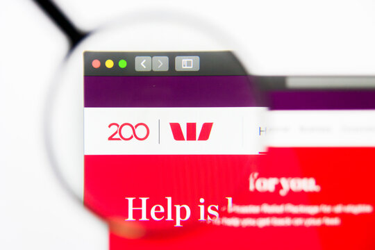 Los Angeles, California, USA - 24 March 2019: Illustrative Editorial of Westpac Banking Group website homepage. Westpac Banking Group logo visible on display screen.