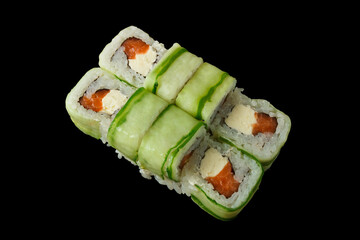 Japanese food: Set of salmon sushi and rolls with salmon and eel