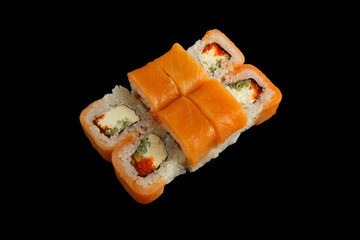 Japanese food: Set of salmon sushi and rolls with salmon and eel