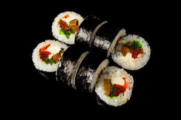 Japanese food: Set of salmon sushi and rolls with salmon and eel
