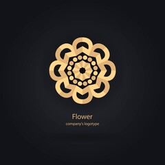 Luxury logotype in the shape of a flower for antique boutique. Gold logo, flower. Simple geometric sign. Icons, business, invitations. Volumetric golden big bud. Vintage. Retro.
