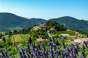 Le village pittoresque de Suzette dans le Vaucluse en Provence entouré de vignes en France - obrazy, fototapety, plakaty