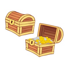 Wooden Chest set for game interface, closed and opened with coins