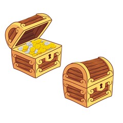 Wooden Chest set for game interface, closed and opened with coins