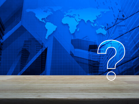 Question mark sign flat icon over modern office city tower and skyscraper, Business customer service and support concept, Elements of this image furnished by NASA