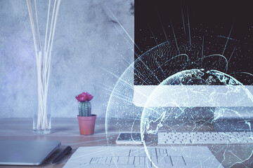 Computer on desktop with social network hologram. Double exposure. Concept of international people connections.