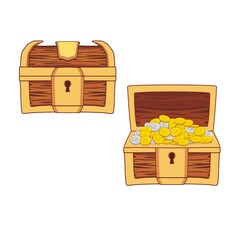 Wooden Chest set for game interface, closed and opened with coins