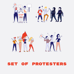 Big set of protesting people holding banners and placards. Men and women characters on political meeting, parade or rally. Group of male and female protesters or activists. . cartoon line 