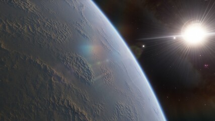 Obraz premium science fiction wallpaper, cosmic landscape, realistic exoplanet, beautiful alien planet in far space, detailed planet surface 3d render