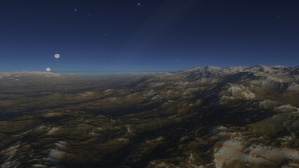 science fiction wallpaper, cosmic landscape, realistic exoplanet, beautiful alien planet in far space, detailed planet surface 3d render