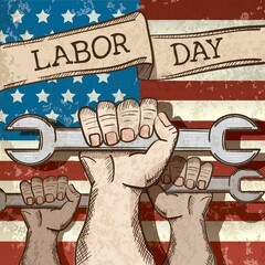 labor day poster with hand holding spanner