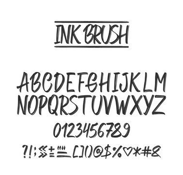 Hand Drawn ink brush grunge Font. English Alphabet letters on white background. Numbers and punctuation.