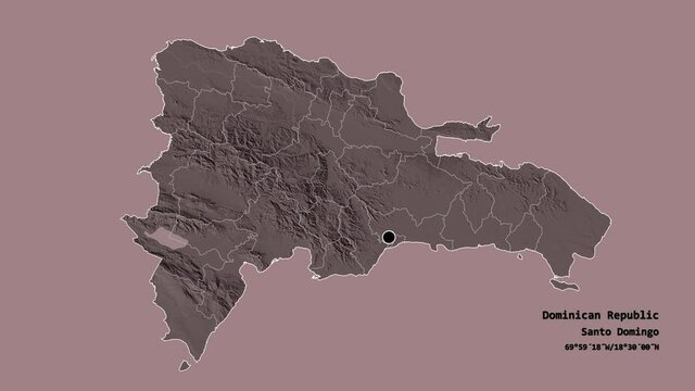 Salcedo, province of Dominican Republic, with its capital, localized, outlined and zoomed with informative overlays on a administrative map in the Stereographic projection. Animation 3D