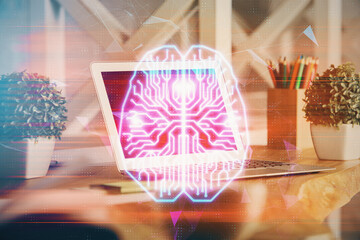 Double exposure of desktop computer and human brain drawing hologram. Ai concept.