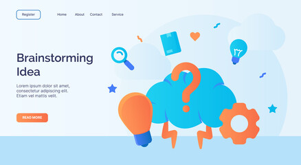 Brainstorming idea brain gear bulb icon campaign for web website home homepage landing template banner with cartoon flat style.