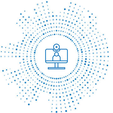 recommend clip art: Blue line Video chat conference icon isolated on white background. Computer with video chat interface active session on screen. Abstract circle random dots. Vector Illustration.