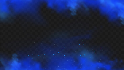 Blue smoke isolated on dark transparent background. Realistic blue magic mist cloud, chemical toxic gas, steam waves. Realistic vector illustration