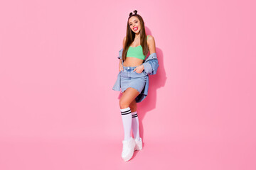 Fototapeta na wymiar Full length body size view of nice attractive glamorous slim fit thin funny cheerful girl youngster having fun fooling grimacing season wear glamour isolated over pink pastel color background