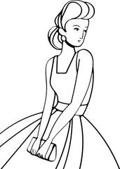 Outline vector illustration retro style girl in fashion dress, design element