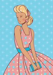 Retro style poster with girl in tender pink dress with flower pattern
