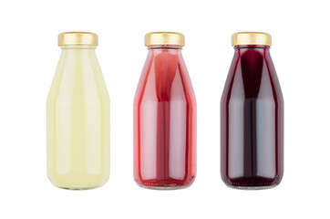 Collection of fresh fruits juices - yellow, pink, violet in glass bottles  isolated, mock up for design, advertising, branding product.