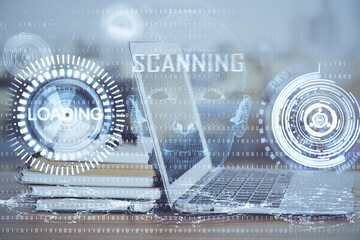 Fototapeta premium Double exposure of computer and technology theme hud. Concept of innovation.