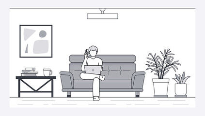 Work from home: new normal concept , stay at home, man making phone call while working on laptop, editable stroke illustration
