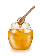 ガラス瓶に入った、トロリと垂れる蜂蜜　水彩イラスト