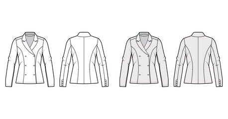 Blazer technical fashion illustration with notched lapel, fitted silhouette, double breasted opening, long sleeves. Flat apparel jacket template front, back, white grey color. Women men unisex mockup