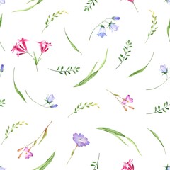 Wildflowers and green grass, seamless floral pattern on white background. Vector illustration textile, fabric or wallpapers in vintage watercolor style.