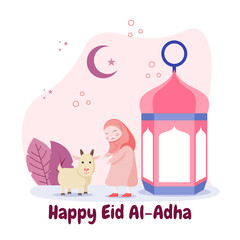 Eid Al Adha mubarak illustration. Celebration of Muslim holiday. flat illustration style of hijab girl, big lantern and goat to celebrate eid al-adha