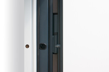 details entrance door finished with wood veneer white color
