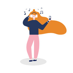 Young girl listening to music with headphones with a player in her hands and smiling. Flat illustration.