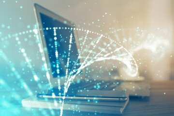 Desktop computer background and DNA drawing. Double exposure. Science concept.